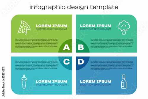 Set line Hot chili pepper, Slice of pizza, Tabasco sauce and Broccoli. Business infographic template. Vector