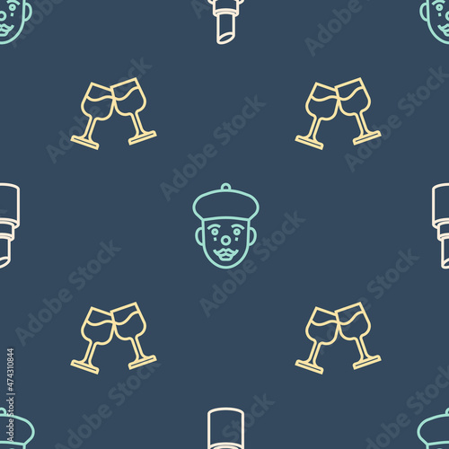 Set line Lipstick, Wine glass and French mime on seamless pattern. Vector