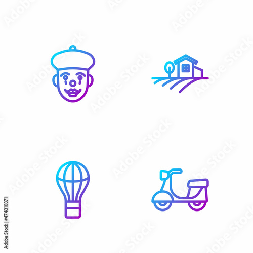 Set line Scooter, Hot air balloon, French mime and Village landscape. Gradient color icons. Vector