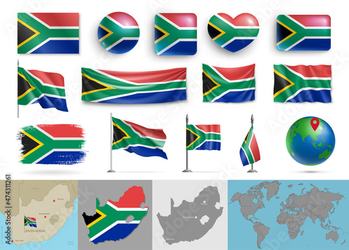 South Africa flags of various shapes and map set. Realistic South Africa flags, glossy buttons in patriotic colors, highly detailed map and globe with identification pin vector illustration