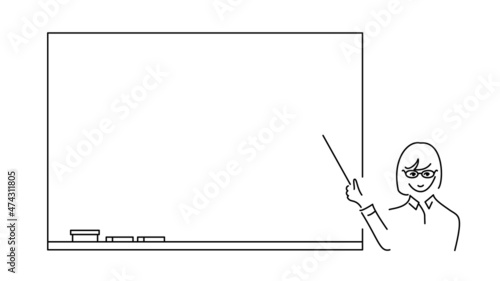 Female office worker pointing at whiteboard with a pointer.