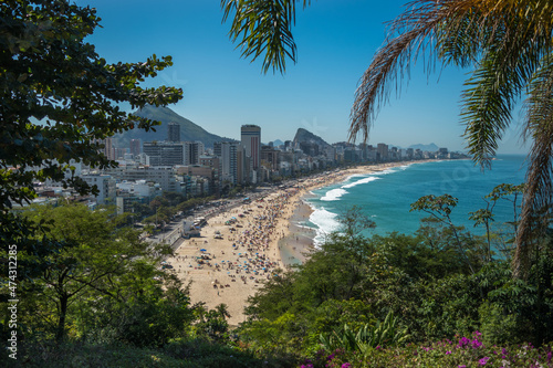 Rio de Janeiro, Rio de Janeiro, Brazil, August 2019 - view of the beautiful and famous Ipanema and Leblon beaches from a viewpoint at Parque Penhasco Dois Irmãos (Two Brothers Cliff Park)