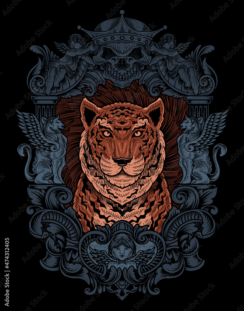 illustration vintage tiger with engraving style