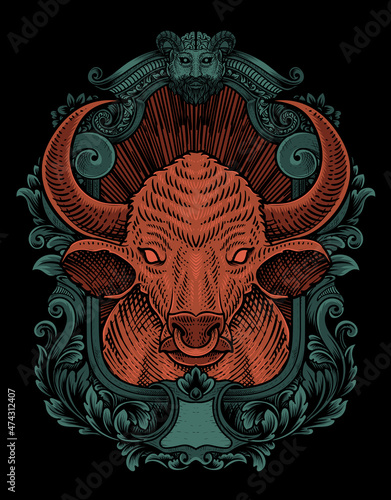 illustration vintage bull with engraving style