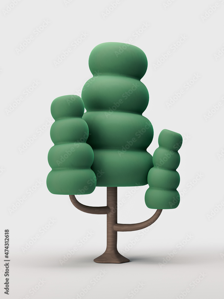 Stylized single tree, flat style green leaf and brown trunk isolated tree on a white background, 3d rendering Stylized single tree, flat style green leaf and brown trunk isolated tree on a white background, 3d rendering