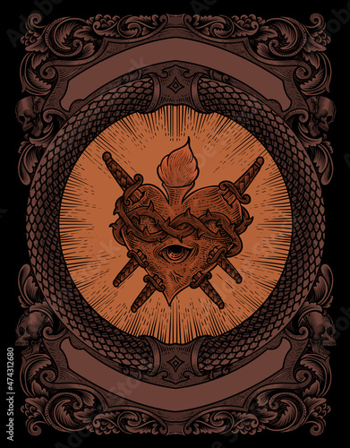 illustration antique heart attack with engraving style