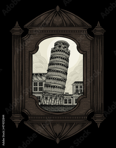 illustration vintage Pisa tower with engraving style