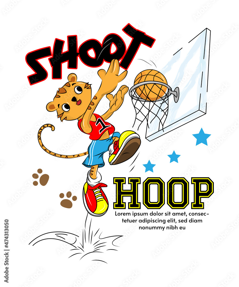 Cartoon Tiger Boy Playing Basketball  illustration