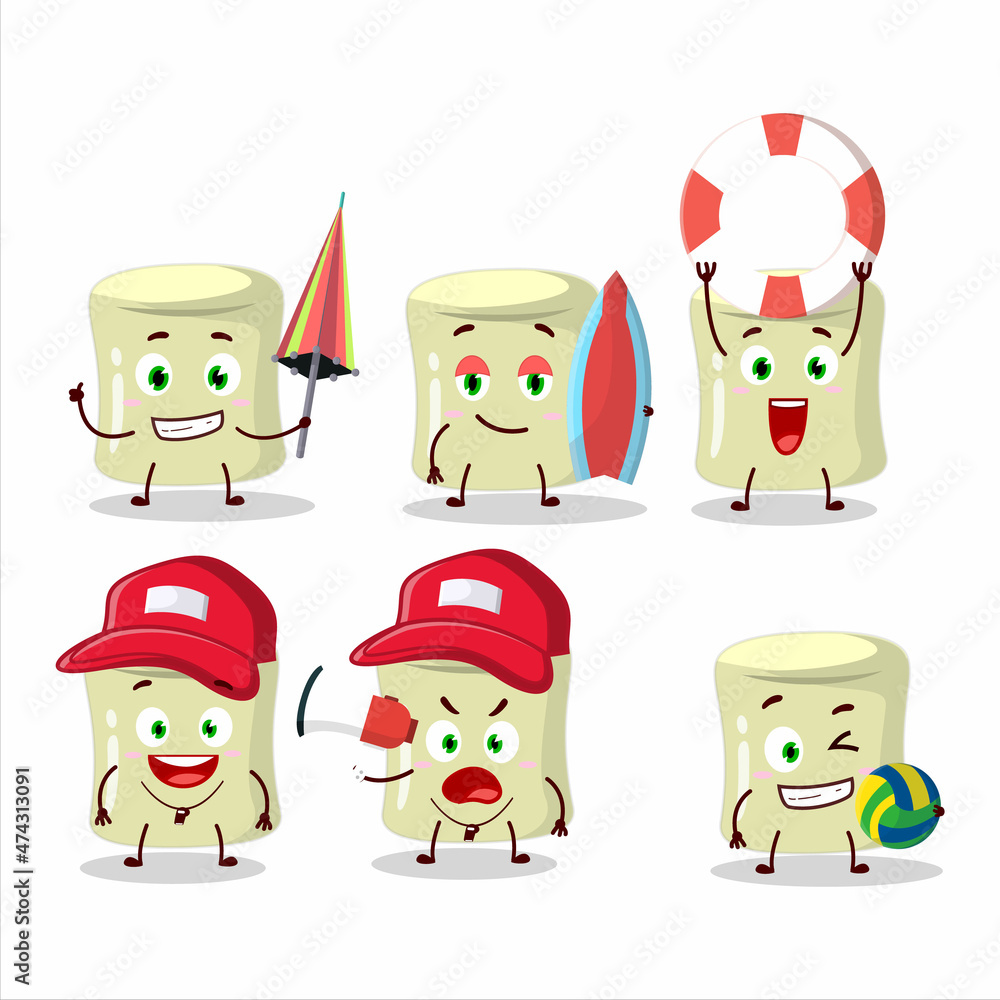 Obraz premium Happy Face banana marshmallow cartoon character playing on a beach