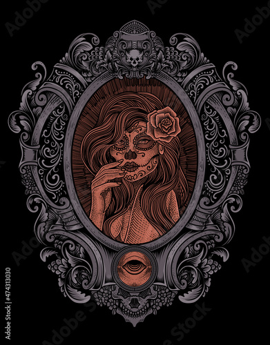 illustration sugar lady skull with engraving style