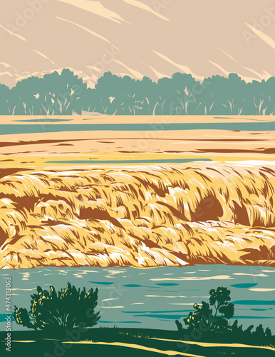 WPA poster art of Hot Springs State Park located in Thermopolis, Wyoming, United States of America USA done in works project administration style.