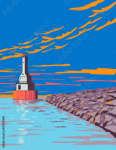 WPA poster art of a Lighthouse at FJ McLain State Park on the Keweenaw Peninsula in Houghton County, Michigan, United States of America USA done in works project administration style. photo