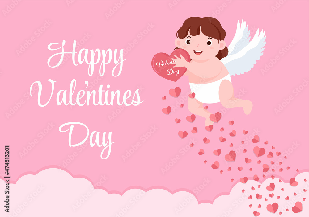 Happy Valentine's Day Flat Design Illustration Which is Commemorated on February 17 with Cute Cupid, Angels on Clouds for Love Greeting Card Happy Valentine's Day Flat Design Illustration Which is Commemorated on February 17 with Cute Cupid, Angels on Clouds for Love Greeting Card
