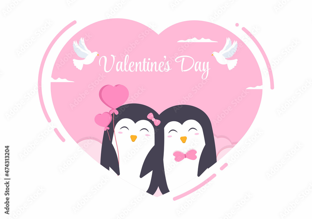Fototapeta premium Cute Couple Animal Penguin Happy Valentine's Day Flat Design Illustration Which is Commemorated on February 17 for Love Greeting Card