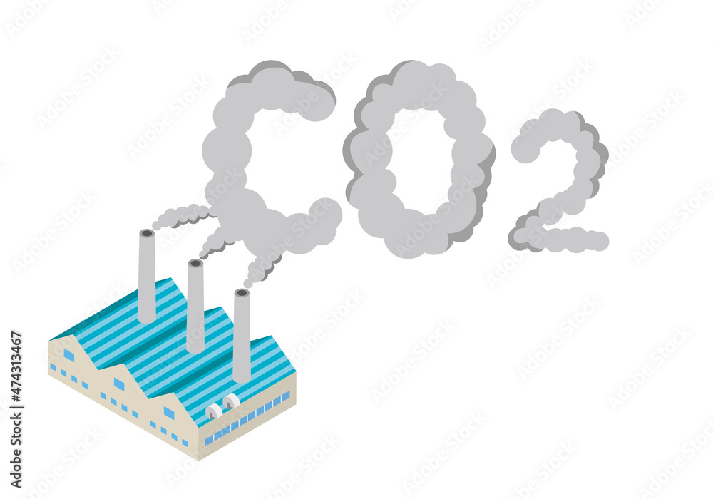 工場の排気ガスとCO2の文字イラスト