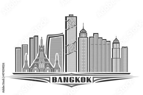 Vector illustration of Bangkok, monochrome horizontal poster with linear design famous bangkok city scape, urban line art concept with decorative lettering for black word bangkok on white background