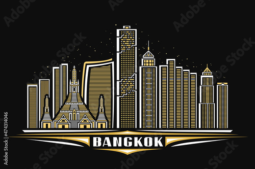 Vector illustration of Bangkok  dark horizontal poster with linear design famous bangkok city scape on dusk sky background  asian urban line art concept with decorative letters for white word bangkok