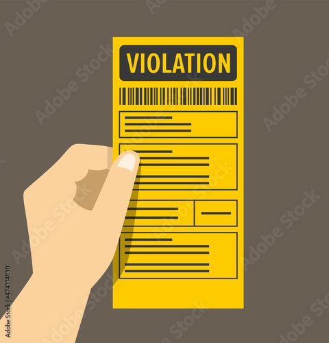 Hand holding yellow violation ticket. Isolated North American parking fine. Flat vector illustration template. photo