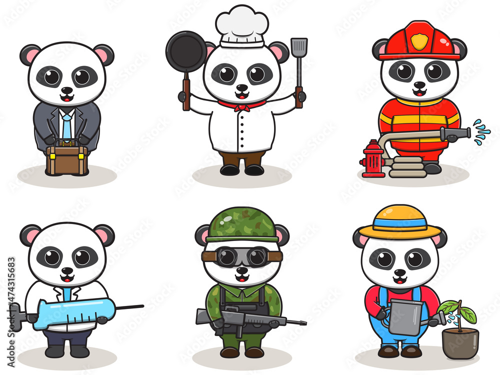 Naklejka premium Set of Cute Cartoon Panda isolated on a white background. Vector illustration with cute Panda of different professions. cute job Animal cartoon bundle set.