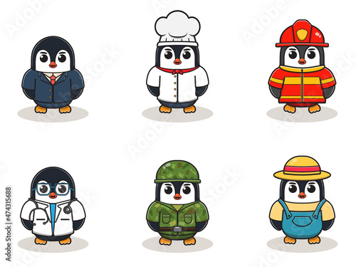 Vector illustration with cute Penguin of different professions. cute job Animal cartoon bundle set.