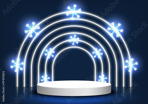 Christmas 3d background. Stage podium decorated with neon light and snowflakes. Pedestal for product display, sale, on Blue background. Vector illustration.