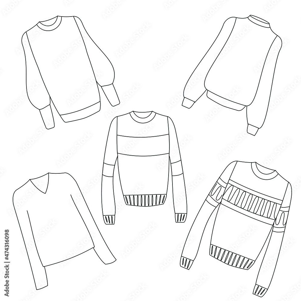 Set of winter cozy sweaters. Vector outline image is suitable for ...