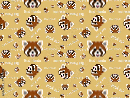 red panda cartoon character seamless pattern on yellow background. Pixel style