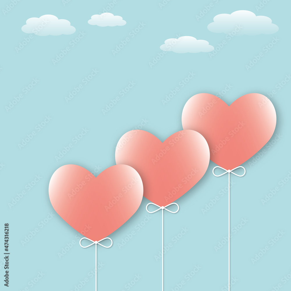 Pink hearts with clouds on blue sky background. Greeting card for Valentine, Wedding, Mother’s, Father's day, birthday, poster and postcard, banner love concept. copy space. paper art design style.