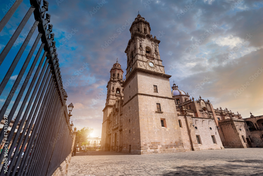 Mexico, Michoacan, famous scenic Morelia Cathedral located on Plaza de Armas in historic city center. Mexico, Michoacan, famous scenic Morelia Cathedral located on Plaza de Armas in historic city center.