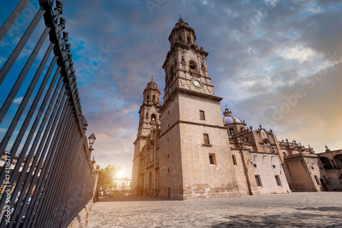 Mexico, Michoacan, famous scenic Morelia Cathedral located on Plaza de Armas in historic city center.