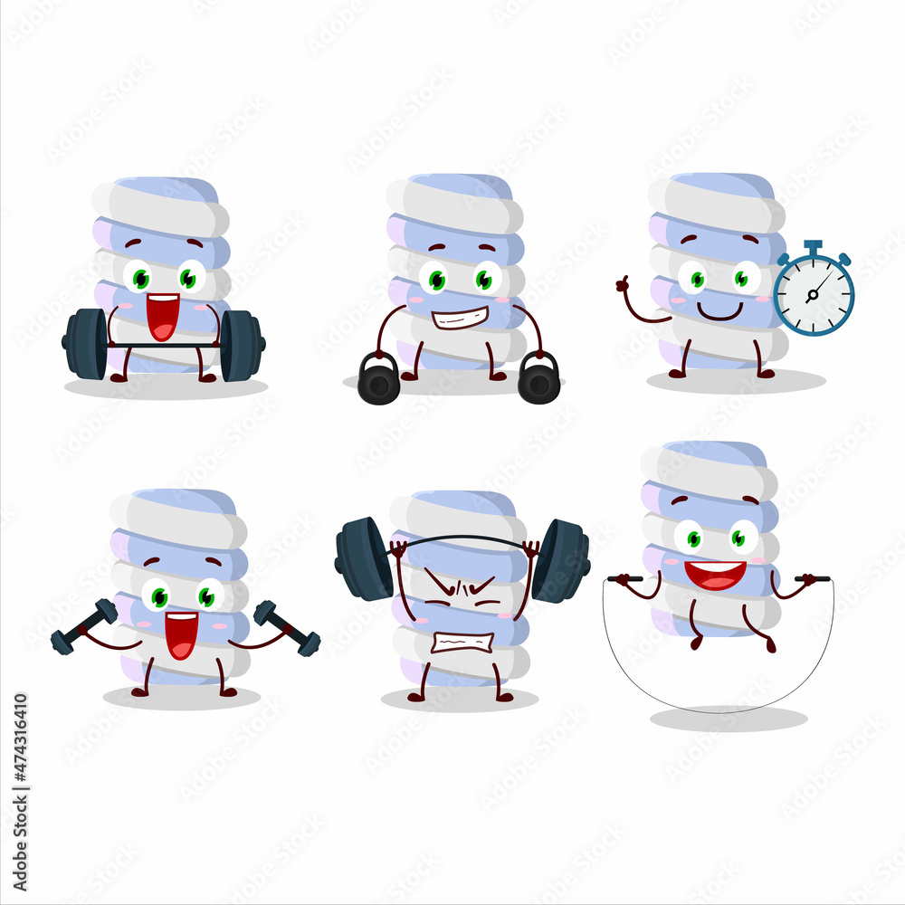 Obraz premium A healthy blue marshmallow twist cartoon style trying some tools on Fitness center