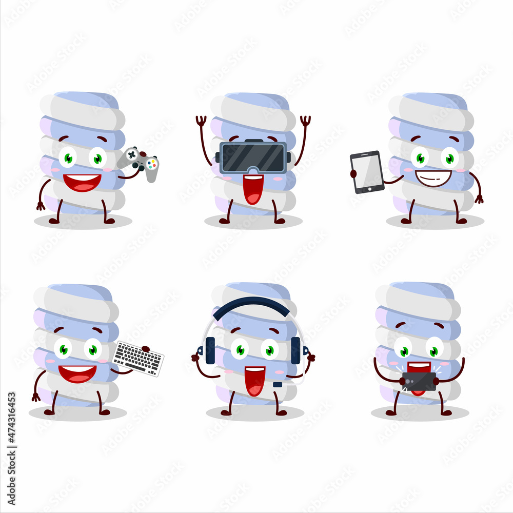 Blue marshmallow twist cartoon character are playing games with various cute emoticons
