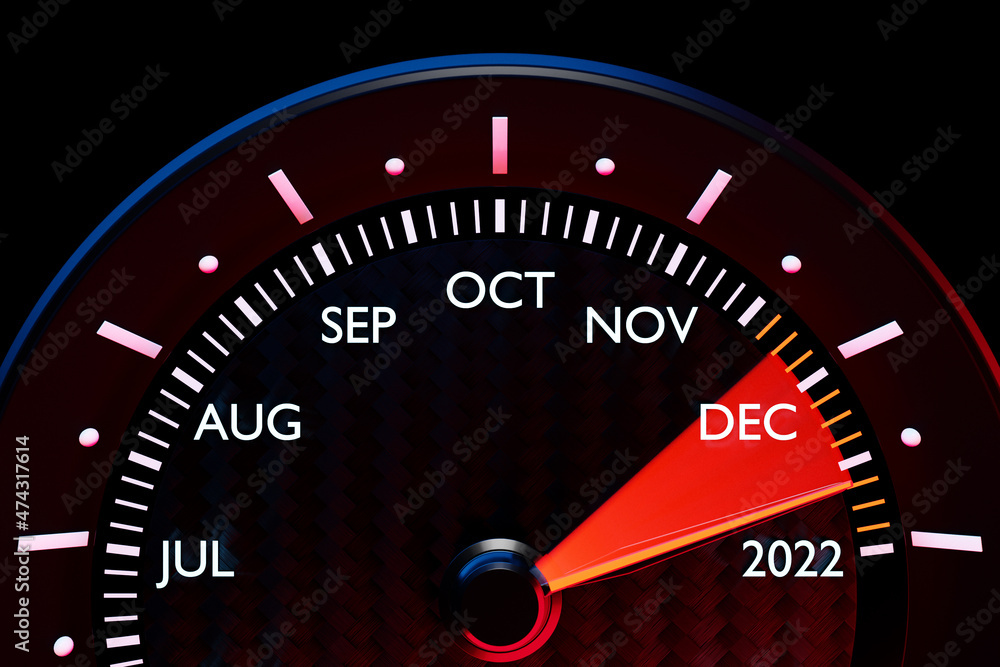 3D illustration of a detailed speedometer close-up showing the end of 2021 and the beginning of 2022. Counting months, time until the new year.