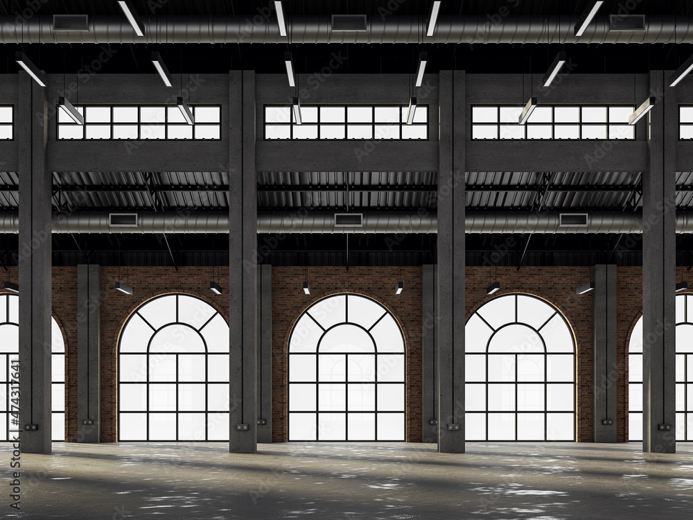 Industrial loft style old warehouse interior with arch shape window 3d render,brick wall,concrete floor and black steel roof structure