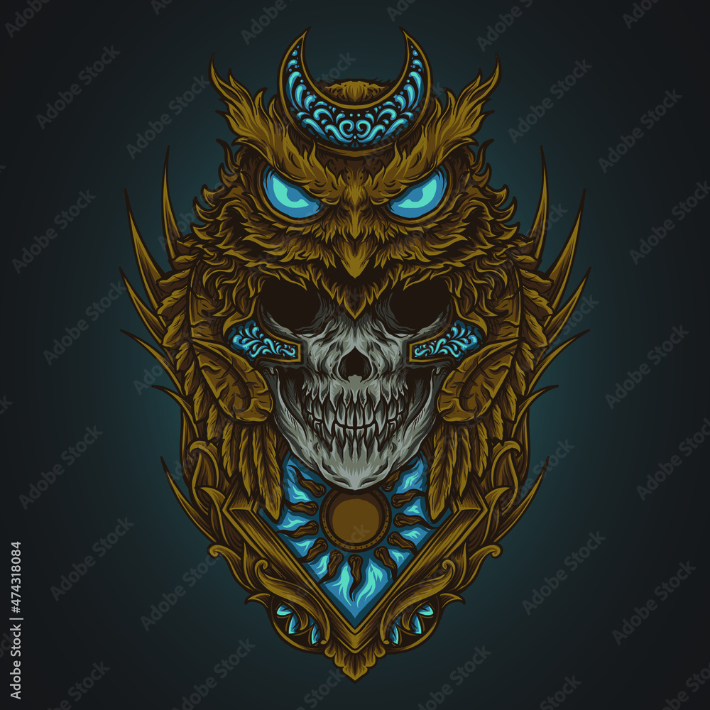 Fototapeta premium artwork illustration and t shirt design owl and skull engraving ornament