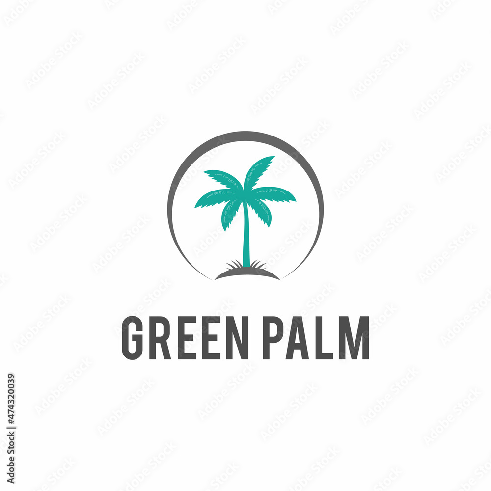 green palm logo tree illustration with coastline graphic design
