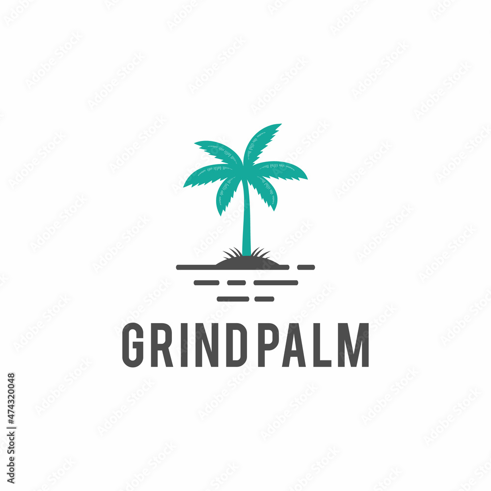 green palm logo tree illustration with coastline graphic design