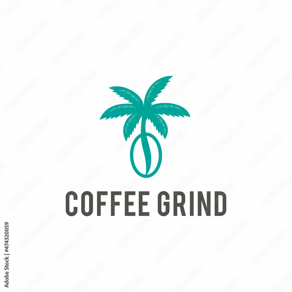 Coffee bean logo illustration with green palm tree