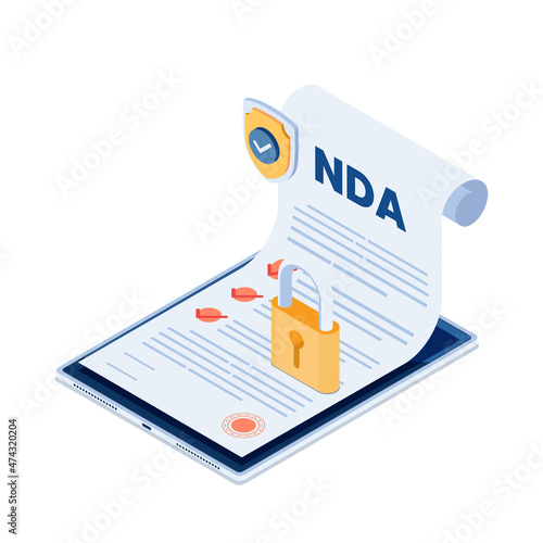 Isometric NDA Document with Shield and Lock on Digital Tablet photo