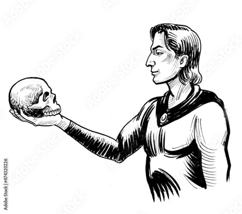 Tablou pe pânză Ink black and white drawing of a hamlet with a skull