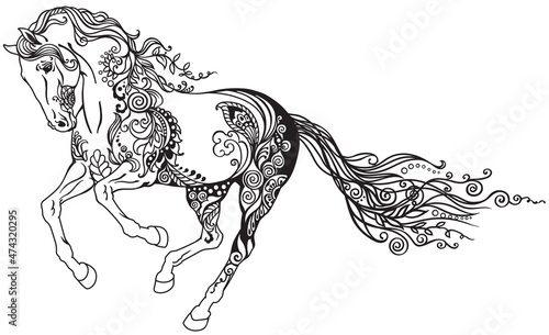 running stallion horse in the gallop. Galloping wild pony or mustang. Floral style. Tattoo. Black and white vector illustration 