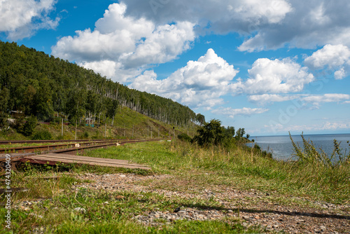 shore of Baikal with a railway