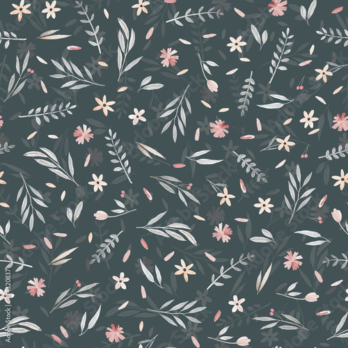 Beautiful seamless floral pattern with watercolor hand drawn cute wild flowers. Stock Watercolor illustration. Dark background.