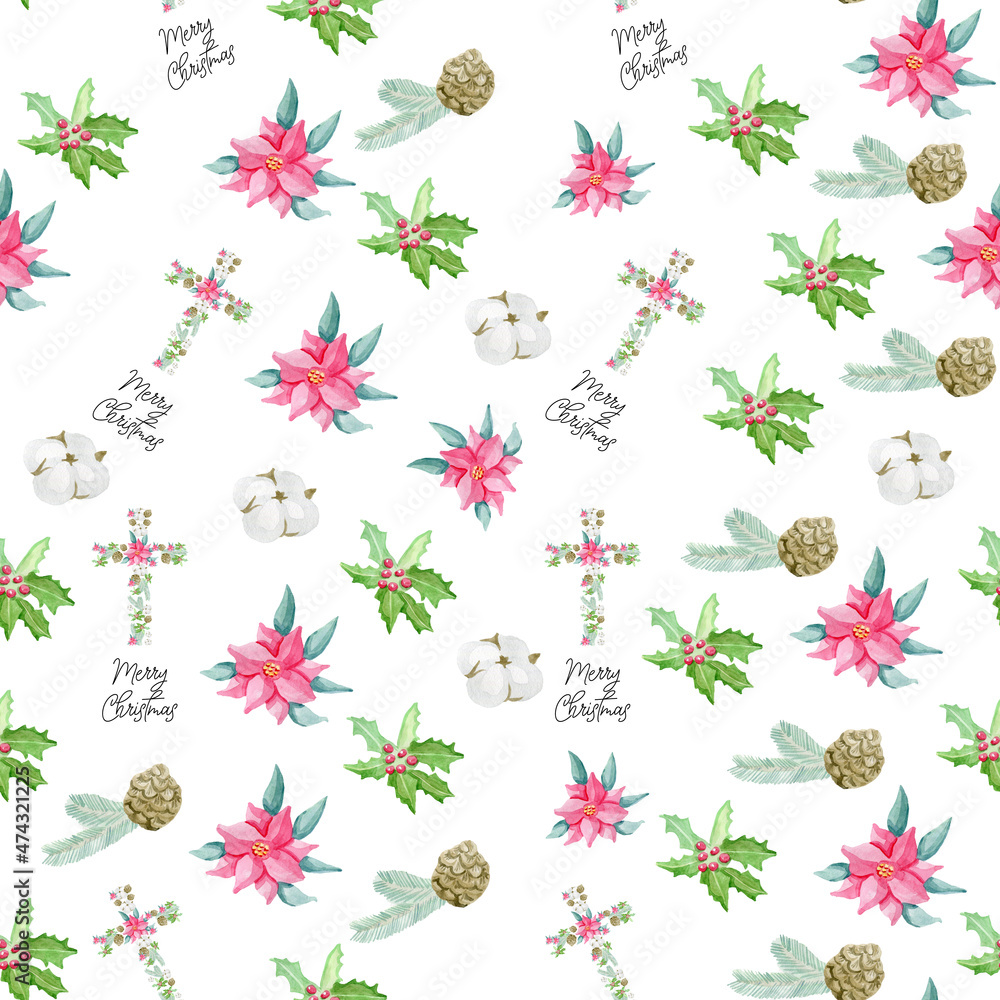 A seamless pattern of a Merry Christmas in hand-watercolor wrapping paper A seamless pattern of a Merry Christmas in hand-watercolor wrapping paper