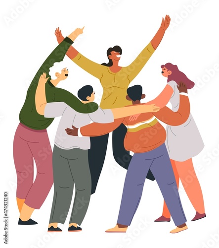 People celebrating and cuddling, happy characters