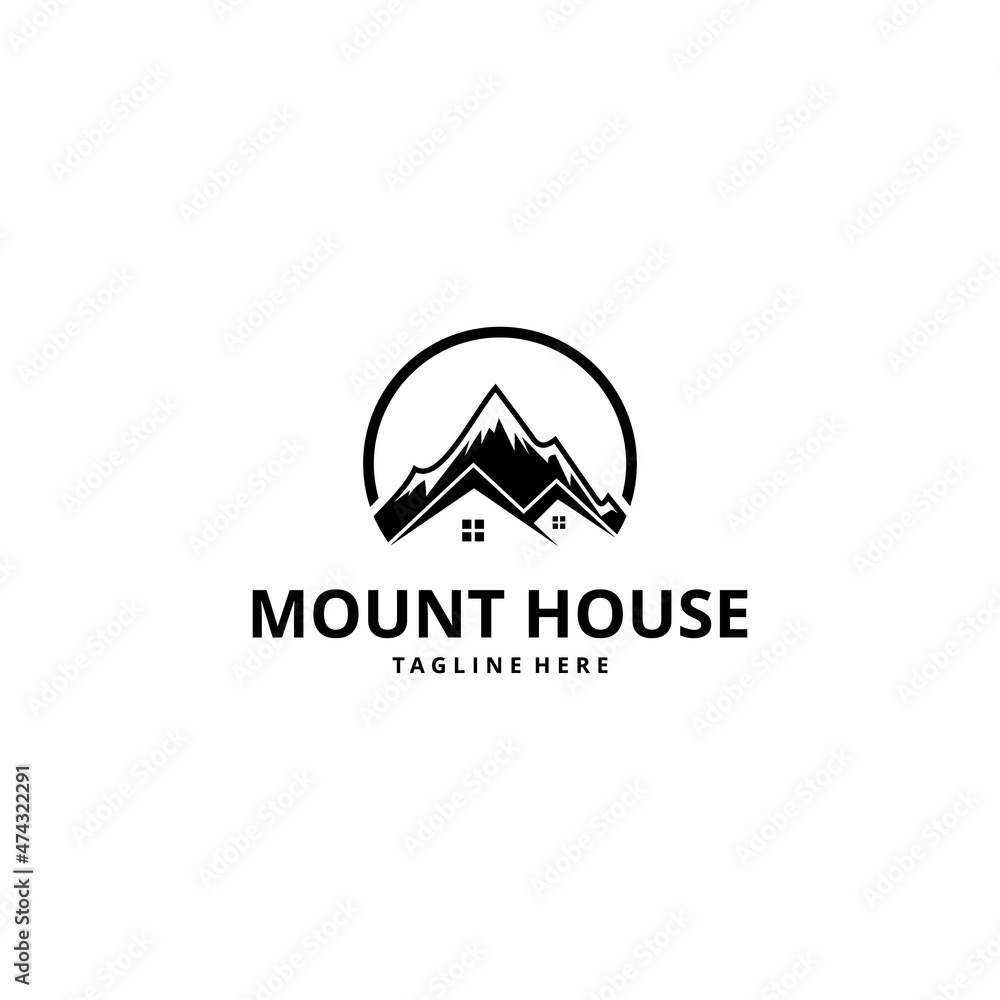 Mountain real estate illustration with house shape logo design vector