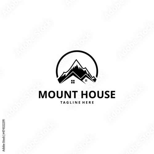 Mountain real estate illustration with house shape logo design vector
