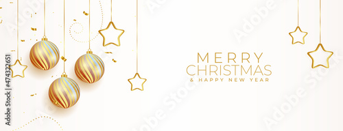 merry christmas white banner with realistic xmas balls decoration
