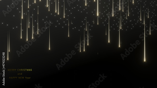 Greeting card of many stars and its yellow light trail is falling from dark sky with merry Christmas and Happy New year text (3D Rendering)