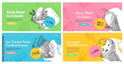 Ice cream food, landing banner set, vector illustration